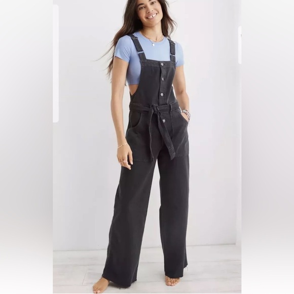 aerie Pants - Aerie Skater Pant Overalls Smoked Gray Jumpsuit Light Denim Medium Wide Leg Tie